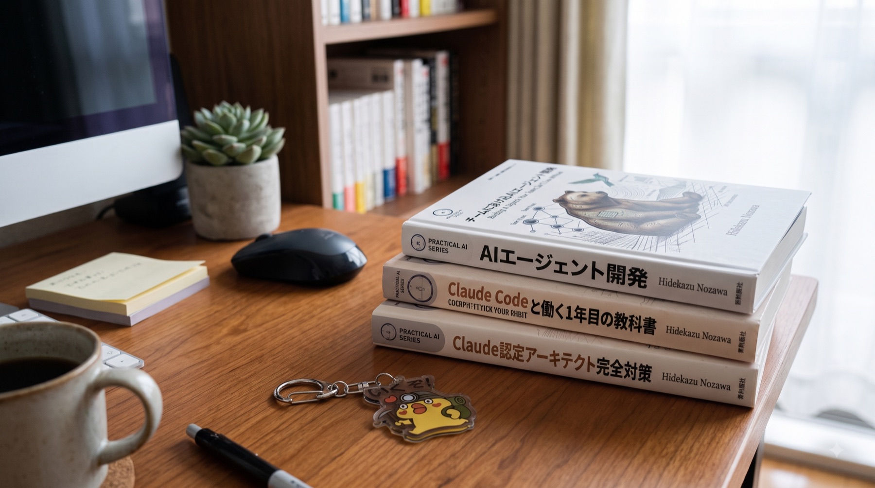 技術書3冊とキーホルダーを並べたデスク