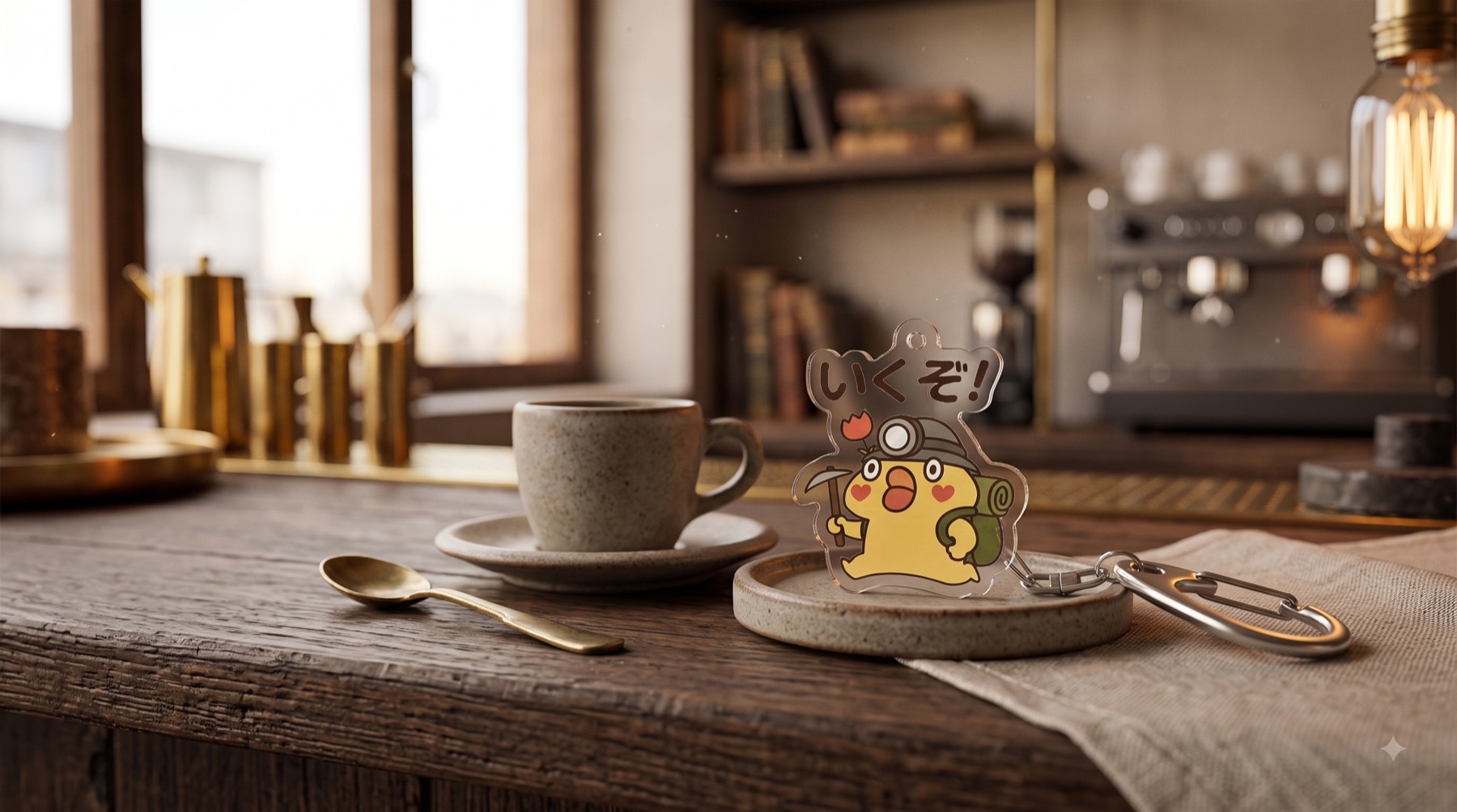 カフェのカウンターに置いた「いくぞ！」アクリルキーホルダー