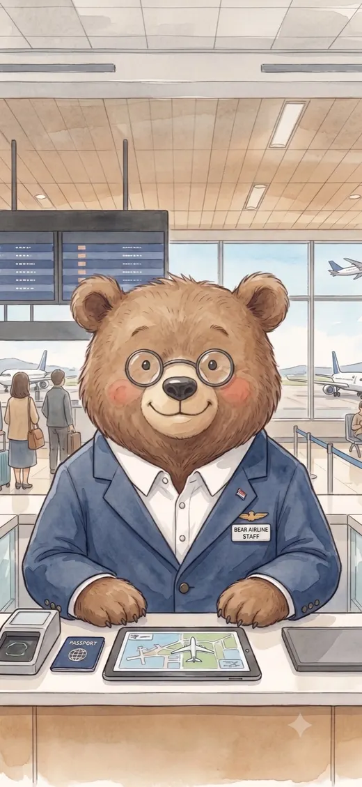 「空港のチェックイン」の場面